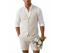 MY'S Men’s 2-Piece Linen Vest Pants, Lightweight Waistcoat Shorts, Casual Beach Summer Wedding Prom Homecoming Outfit, Light Beige, Large