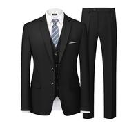 MY'S Men's 3 Piece Slim Fit Suit Set, 2 Button Blazer Jacket Vest Pants with Tie, Solid Wedding Dress Tux and Trousers - Black - Large