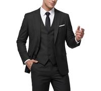 MY'S Men's 3 Piece Slim Fit Suit Set, 2 Button Blazer Jacket Vest Pants with Tie, Solid Wedding Dress Tux and Trousers - Black - Large
