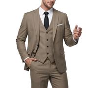 MY'S - Men's 3 Piece Slim Fit Suit Set, 2 Button Jacket, Vest with Tie, Plain Wedding Dress and Pants Set, Camel Brown, G