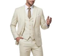 MY'S - Men's 3 Piece Slim Fit Suit Set, 2 Button Jacket, Vest with Tie, Plain Wedding Dress and Pants Set, Cream, M