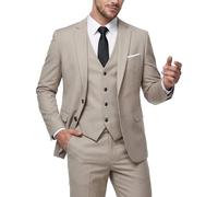 MY'S Men's 3 Piece Slim Fit Suit Set with Tie, 2 Button Blazer Jacket Vest & Pants, Business Wedding Party Prom Suit for Men, Beige, L