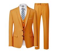 MY'S Men's 3 Piece Slim Fit Suit Set with Tie, 2 Button Blazer Jacket Vest & Pants, Business Wedding Party Prom Suit for Men, Orange, M