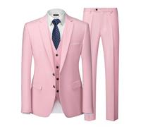 MY'S Men's 3 Piece Slim Fit Suit Set with Tie, 2 Button Blazer Jacket Vest & Pants, Business Wedding Party Prom Suit for Men, Light Pink, L
