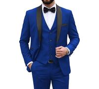 MY'S Mens 3 Piece Suit Set, One Button Shawl Lapel Tuxedo, Slim Fit Dinner Jacket Vest Pants & Tie, for Party Wedding Proms, Blue, L