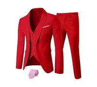 MY'S Men's 3 Piece Suit Set with Tie, One Button Slim Fit Solid Jacket Vest Pants, Prom Party Wedding Business Suits for Men, Red, XXL