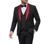 MY'S Mens 3 Piece Tuxedo Set with Bow Tie, Shawl Lapel One Button Jacket Vest & Pants, Slim Fit Suit Prom Party Wedding Tux, Red-Black, S