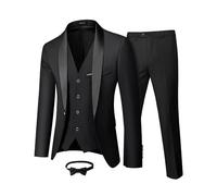 MY'S Mens 3 Piece Tuxedo Set with Bow Tie, Shawl Lapel One Button Jacket Vest & Pants, Slim Fit Suit Prom Party Wedding Tux, Black, L