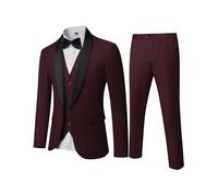 MY'S Mens 3 Piece Tuxedo Set with Bow Tie, Shawl Lapel One Button Jacket Vest & Pants, Slim Fit Suit Prom Party Wedding Tux, Deep Red, XS