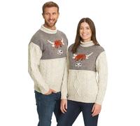 MYSASI Highland Cow Jumper, 100% British Chunky Wool, Heritage Aran Design, Unisex, Round Neck, Winter Autumn, Heritage Design (UK, Alpha, XL, Plus, Tall, Oatmeal Nepp)