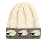 MYSASI Women’s Aran 100 Percent Chunky Wool Hat - One Size, Sheep Design, Hand-Finished British Knit (UK, Alpha, One Size, Natural Aron)