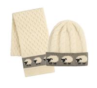 MYSASI Womens Aran Scarf and Hat Set, 100% British Chunky Wool, Winter Warm Sheep Design, Heritage Collection (Natural Aran, One Size)