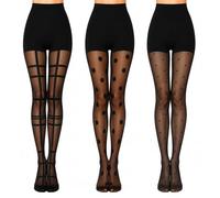 MYSASI Women's Patterned Tights, 3 Pair Pack, 20 Denier, Sheer Black, Hearts, Polka Dots and Stripe Design, Soft Stretch, Casual Fashion (UK, Alpha, One Size, Regular, Regular, Black)
