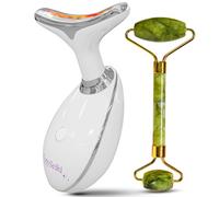 MySeiki 7 LED Light Beauty Tool - Face and Neck Massager with Jade Roller, Case, and Cloth - White