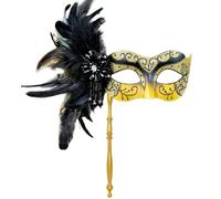 MYSEUNI 2025 New Black and Gold Masquerade Mask with Stick - Shiny Women's Feather Gold Mardi Gras Mask for Halloween Parties, Carnival, Cosplay Prom, Christmas, Wedding, Bar, Costume Accessory