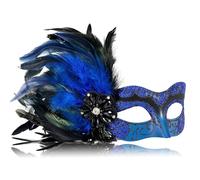 MYSEUNI 2025 New Blue and Black Masquerade Mask for Women with Feathers - Womens Mascarade Venetian Mask for Masquerade Party, Mardi Gras, Halloween Cosplay Prom, Christmas