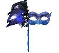 MYSEUNI 2025 New Blue and Black Masquerade Mask for Women with Stick - Shiny Women's Feather Mardi Gras Venetian Mask for Halloween Parties, Carnival, Prom, Christmas, Wedding, Bar, Costume Accessory