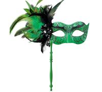 MYSEUNI 2025 New Green Masquerade Mask for Women with Stick - Shiny Women's Feather Mardi Gras Mask Green for Halloween Parties, Carnival, Cosplay Prom, Christmas, Wedding, Bar, Costume Accessory
