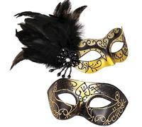 MYSEUNI Glod Masquerade Mask for Couples - Women's Mask with Feathers & Venetian Masks for Men - Party, Mardi Gras, Halloween, Cosplay, Prom, Christmas