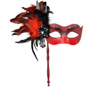 MYSEUNI Red Masquerade Mask for Women with Holding Stick - Bright Feathered Red Mardi Gras Mask for Halloween, Carnival, Year-End Ball, Christmas, Wedding, Bar, Accessory of