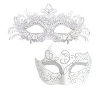 MYSEUNI White Masquerade Mask for Couples - Shiny Rhinestone Filigree Metal Venetian Mask & Mens Vintage Venetian Mask for Wedding Evening Prom Mardi Gras Masquerade Ball, White, One size fits most