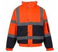 MyShoeStore Hi Vis Bomber Jacket High Viz Visibility Workwear Safety Security Concealed Hood Fluorescent Flashing Hooded Padded Waterproof Work Wear Coat (Orange/Navy,2XL)