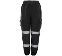 MyShoeStore Hi Vis Jogging Bottoms High Visibility Combat Cargo Thick Brush Fleece Trousers Reflective Tape Safety Work Wear Elasticated Waist Joggers Sweat Jog Tracksuit Pants (Black / 2 Band,L)