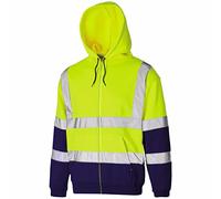 MyShoeStore Hi Vis Reflective Safety Sweatshirt with EN471 Class 3:2 Certification, Zip-Up Hooded Fleece with Front Pockets, Yellow/Navy, S