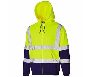 MyShoeStore Hi Vis Reflective Safety Sweatshirt with EN471 Class 3:2 Certification, Zip-Up Hooded Fleece with Front Pockets, Yellow/Navy, S