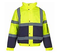 MyShoeStore Hi Vis Viz Bomber Jacket High Visibility Workwear Safety Security Hooded Padded Waterproof Taped Seams Work Wear Coat (XL, Yellow/Navy)