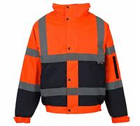 MyShoeStore Hi Vis Viz Bomber Jacket High Visibility Workwear Safety Security Hooded Padded Waterproof Taped Seams Work Wear Coat (2XL, Orange/Navy)