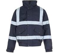 MyShoeStore Hi Vis Viz Bomber Jacket High Visibility Workwear Safety Security Hooded Padded Waterproof Taped Seams Work Wear Coat (2XL, Navy)