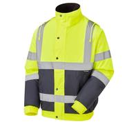 MyShoeStore Hi Vis Viz Bomber Jacket High Visibility Workwear Safety Security Hooded Padded Waterproof Taped Seams Work Wear Coat (L, Yellow/Navy)