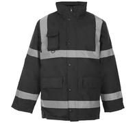 MyShoeStore® Hi Vis Viz High Visibility Parka Jacket Workwear Safety Security Concealed Hood Fluorescent Flashing Hooded Padded ¾ Length Waterproof Work Coat Black Large