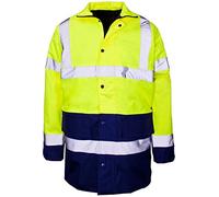 MyShoeStore® Hi Vis Viz High Visibility Parka Jacket Workwear Safety Security Concealed Hood Fluorescent Flashing Hooded Padded ¾ Length Waterproof Work Coat Top Yellow Navy / 2 Tone XXXX-Large