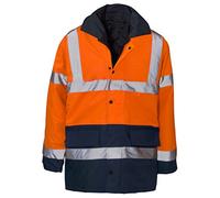 MyShoeStore Hi Vis Viz Parka Jacket High Visibility Workwear Safety Security Concealed Hood Fluorescent Flashing Hooded Padded ¾ Length Waterproof Work Coat Top (Orange Navy, L)