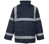 MyShoeStore Hi Vis Viz Parka Jacket High Visibility Workwear Safety Security Concealed Hood Fluorescent Flashing Hooded Padded ¾ Length Waterproof Work Coat Top (Navy, XL)