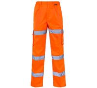 MyShoeStore Hi Viz Vis 3 Band Polycotton Trousers High Visibility Safety Work Wear Reflective Tape Stripe Workwear Combat Cargo Fluorescent Pants Bottoms Plus Big Sizes 30-52 Orange