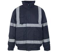 MyShoeStore Hi Viz Vis Bomber Jacket High Visibility Security Workwear Safety Wear Fluorescent Flashing Reflective Tape Contractor Concealed Hood Waterproof Padded Hooded Work Coat Top(Navy,L)