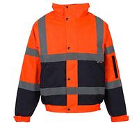 MyShoeStore Hi Viz Vis Bomber Jacket High Visibility Security Workwear Safety Wear Fluorescent Flashing Reflective Tape Contractor Concealed Hood Waterproof Padded Hooded Work Coat Top(Orange/Navy,S)