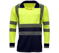 MyShoeStore Hi Viz Vis High Visibility Polo Shirt Reflective Tape Safety Security Work Button T-Shirt Breathable Lightweight Double Tape Workwear Top (Yellow/Navy Long Sleeve, S)