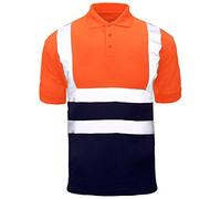 MyShoeStore Hi Viz Vis High Visibility Polo Shirt Reflective Tape Safety Security Work Button T-Shirts Breathable Lightweight Double Tape Workwear Top S-7XL 3X-Large - Orange Navy / Short Sleeve