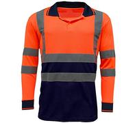 MyShoeStore Hi Viz Vis High Visibility Polo Shirt Reflective Tape Safety Security Work Button T-Shirt Breathable Lightweight Double Tape Workwear Top (Orange/Navy Long Sleeve, 5XL)