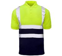 MyShoeStore Hi Viz Vis High Visibility Polo Shirt Reflective Tape Safety Security Work Button T-Shirt Breathable Lightweight Double Tape Workwear Top (Yellow/Navy Short Sleeve, 5XL)