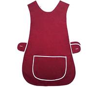 MyShoeStore Ladies Plain Tabard Womens Home Work Kitchen Cleaning Chef Catering Cleaners Workwear Poly Cotton Overall White Piping Edge Tabbard Apron With Pocket Button Fastening(Wine,OS)