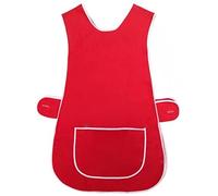 MyShoeStore Ladies Womens Tabard Home Work Kitchen Cleaning Chef Catering Cleaners Workwear Poly Cotton Overall White Piping Edge Tabbard Apron Large Pocket Side Button Fastening (Red,XXOS)