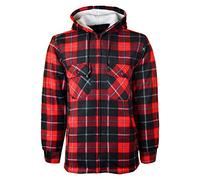 MyShoeStore Mens Padded Shirts Lumberjack Collared Hooded Flannel Check Jacket Thick Quilted Work Wear Warm Thermal Fleece Fur Lined Top Casual Coat (Hooded Red, S)