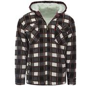 MyShoeStore Mens Padded Shirts Lumberjack Collared Hooded Flannel Check Jacket Thick Quilted Work Wear Warm Thermal Fleece Fur Lined Top Casual Coat (Hooded Brown, L)