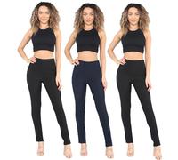 MyShoeStore Pack of 3 Ladies Womens Straight Leg Trousers Finely Soft Ribbed Stretch Pull On Pants Casual Full Elasticated Waist Bottoms