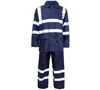 MyShoeStore Unisex Hi Vis Rainsuit Two-Piece Waterproof Set with Hooded Jacket and Elasticated Trousers, Navy Blue/Hi Viz, 2XL